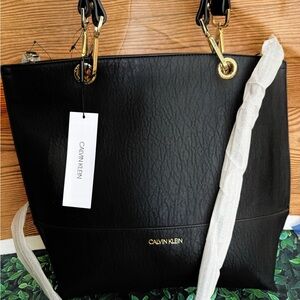 Calvin Klein Black Leather-Look Tote with Gold Hardware